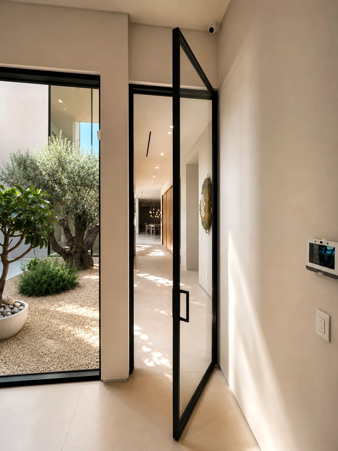 Aeres aluminum-framed glass partition at a courtyard entry