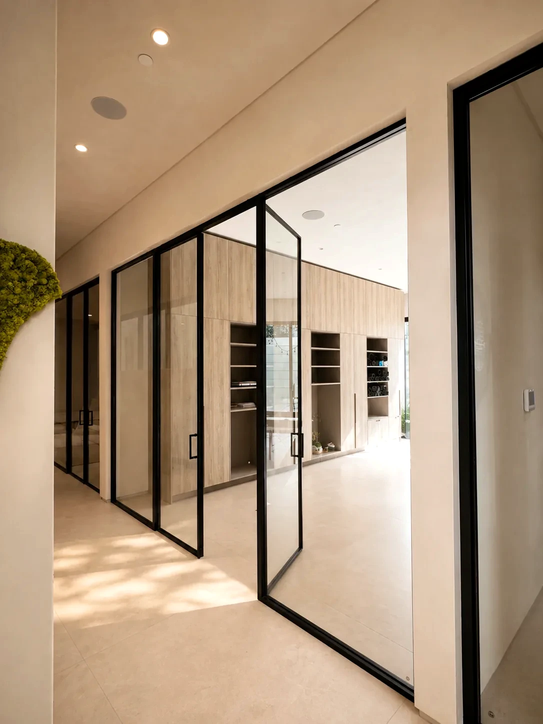 Aeres glass partition running along an interior corridor