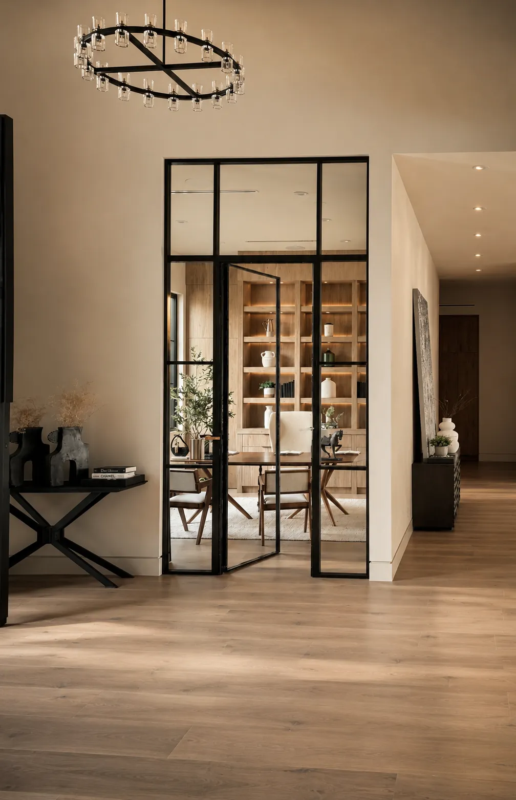 Aeres black-framed glass partition with a pivot door enclosing a warm-lit study