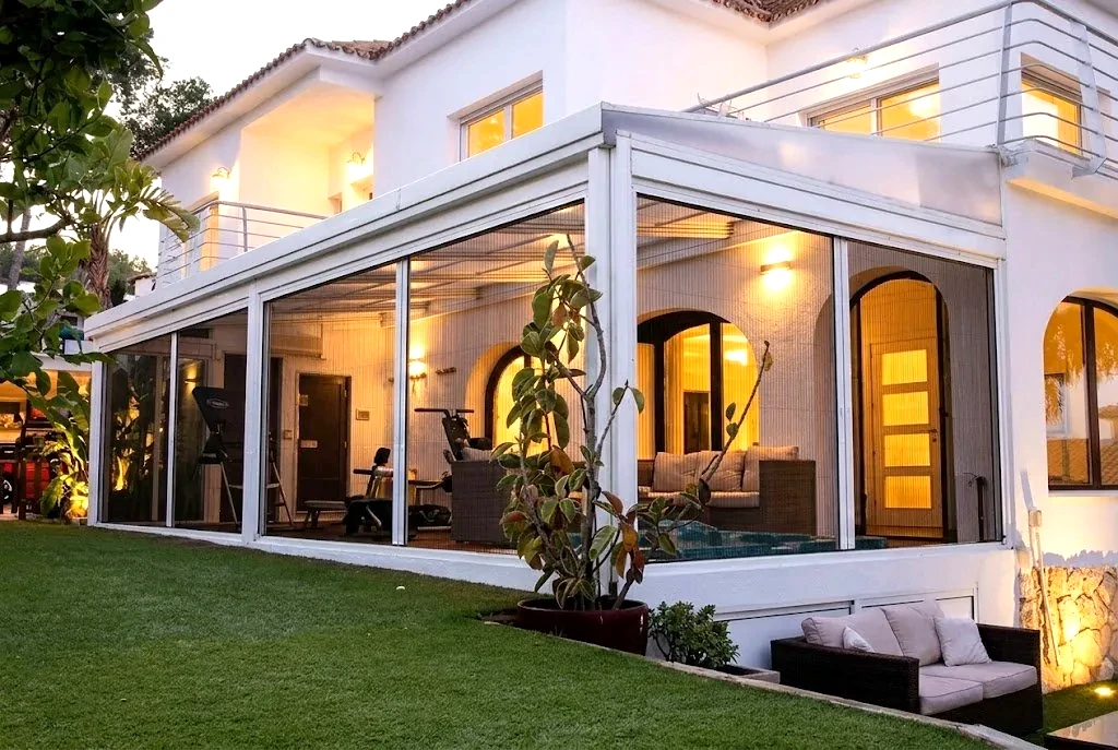 Fully screened villa patio at dusk